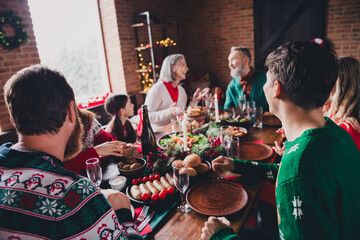 Portrait of friendly peaceful family communicate dinner table gather celebrate new year x-mas flat indoors