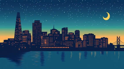 A nighttime cityscape of San Francisco, isolated on white for easy use in design projects.