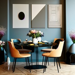 Contemporary table setup with modern art and flowers. A sleek interior scene showcasing a decorative table with fresh flowers and unique, modern art pieces on the wall