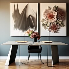 Contemporary table setup with modern art and flowers. A sleek interior scene showcasing a decorative table with fresh flowers and unique, modern art pieces on the wall