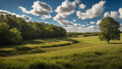 Fototapeta premium Scenic landscape with a lone tree under a vibrant sky and clouds, surrounded by lush green fields.