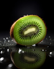 Close-up of fresh kiwi with water droplets on a solid black background