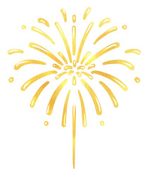 Round golden yellow fireworks bursting in the night sky, illuminating the surroundings with a warm glow, hand-drawn watercolor painting illustration