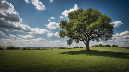 A solitary tree stands atop a hill under a bright blue sky with scattered clouds in a lush green field.