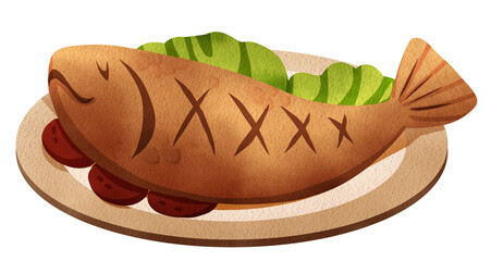 Fried fish on a plate, crispy and golden, hand-drawn watercolor painting illustration