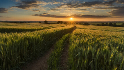 Serene sunset over lush green fields with winding path leading to a solitary tree in the distance.