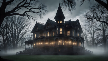 A spooky Victorian-style mansion with flickering lights in the windows, surrounded by dead trees and mist creeping across the lawn
