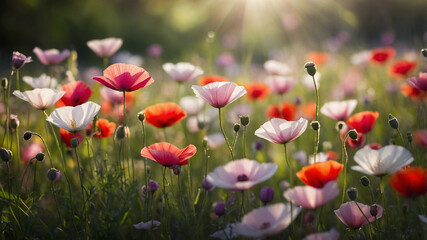 Obraz premium Beautiful pink and red poppies in a meadow with sunlight filtering through, creating a serene atmosphere.