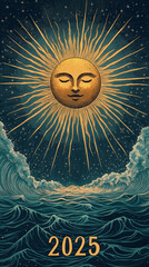 Make a wish while looking at the rising sun in the New Year. Red sun illustration for 2025 New Year's card, greeting card, seasonal greeting