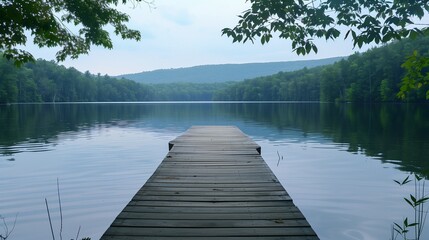 An empty pier extending into a serene lake.