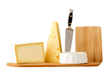 Assorted cheese blocks including blue, gouda, and cheddar isolated on white transparent background. Concept of dairy products and gourmet food selection