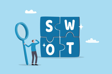 SWOT analysis, analyze strength, weakness, opportunity and threat to win market competition, improve product by SWOT matrix, benchmark or measurement, businessman magnify analyze SWOT business jigsaw.