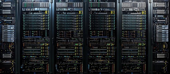 Data center visualization showing extensive network racks and IT tools.