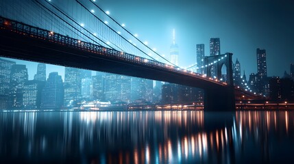 Iconic Bridge Over Glimmering River with Magnificent City Lights Skyline Reflection