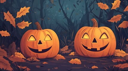 Charming Cartoon Halloween Pumpkins in Enchanting Autumn Forest Landscape