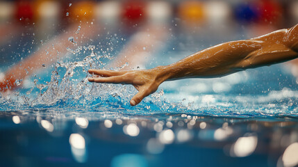 A swimmer completes the final lap, his hands reaching for the pool wall to touch the finish line, Ai generated images