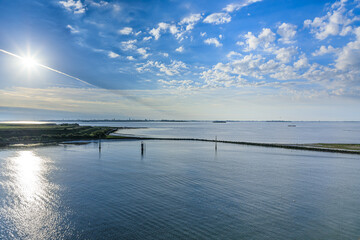 View of the Venice Lagoon: the skyline of Venice on the horizon.