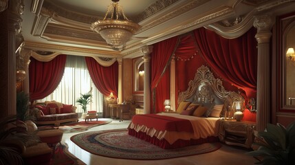Luxurious bedroom interior with rich red drapery and elegant furnishings in a grand setting