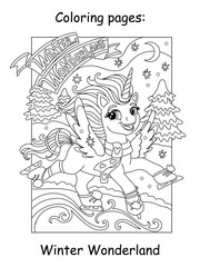 Kids Christmas coloring cute dreaming skating unicorn vector