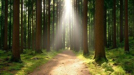 Obraz premium Serene Sunlit Trail Through Lush Verdant Forest Landscape