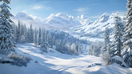 Fototapeta premium Snowy mountain landscape with evergreen trees and serene atmosphere.