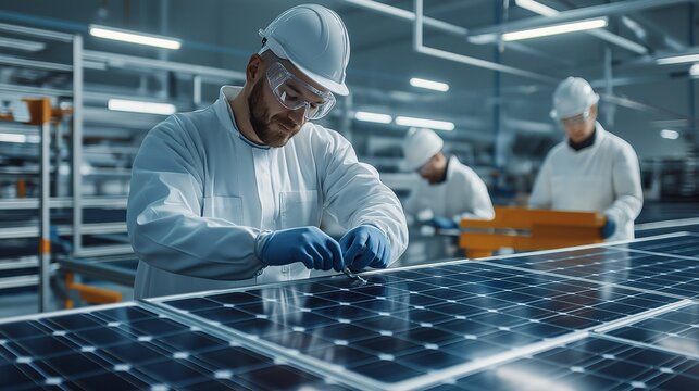 Workers Assembling Solar Panels in Modern Facility