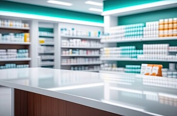 Empty white table with pharmacy shelves in background, product display mockup template