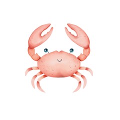 Hand drawn red crab, underwater world, watercolor illustration