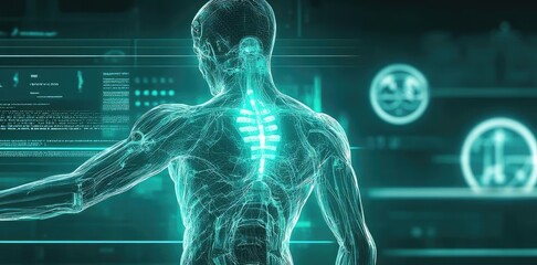 Futuristic human figure interacting with digital interface display, showcasing advanced technology and human anatomy.
