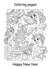 Kids Christmas coloring family of cute unicorns vector