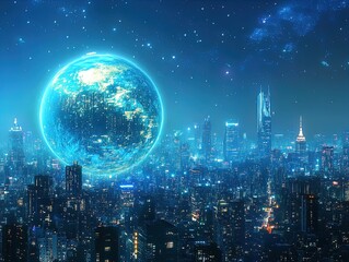 Stunning Transparent Digital Earth Illuminates Night Cityscape: Perfect Poster for Modern Sports Interiors and Urban Spaces