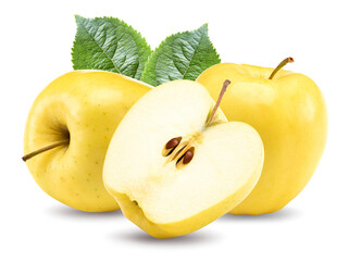 half of yellow apple with green leaves isolated on white background. clipping path