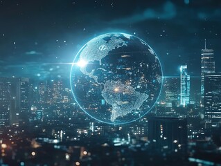 Obraz premium Stunning Transparent Digital Earth Illuminates Night Cityscape: Perfect Poster for Modern Sports Interiors and Urban Spaces
