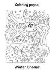Kids Christmas coloring cute unicorn with Christmas tree vector