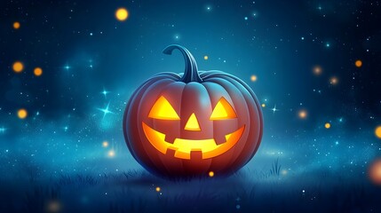 Glowing Jack O Lantern Pumpkin in Magical Starry Night Cartoon Background