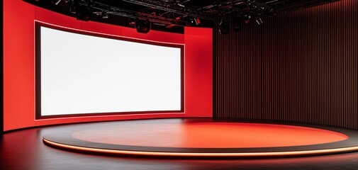 Contemporary television studio with bold red tones, empty digital displays, modern and futuristic broadcast environment