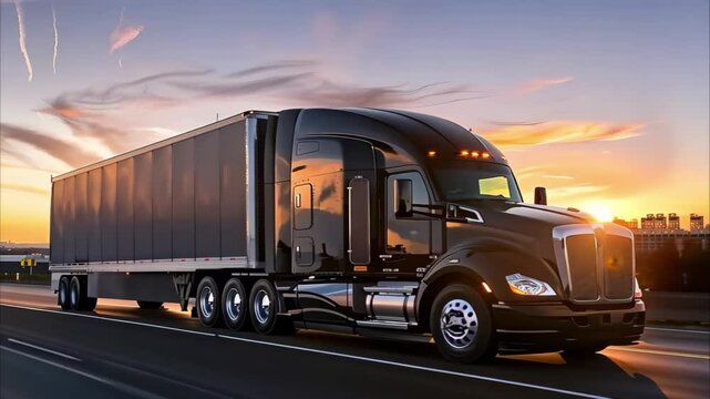 A black semi-truck is driving on a highway against a sunset backdrop with a city skyline.