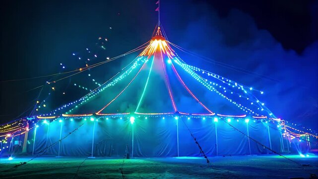 A brightly lit circus tent adorned with colorful lights against a dark background.