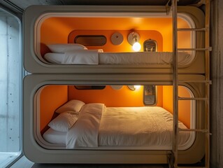 Loft-style capsule hotel, selective focus