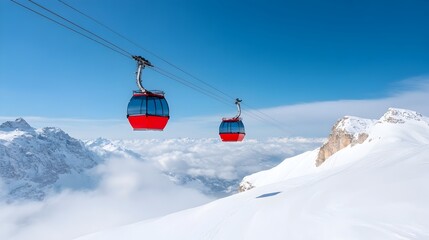Majestic Cable Cars Soaring Above Snow Capped Alpine Peaks