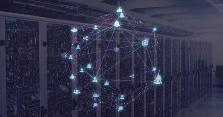Image of globe of connections with data processing over computer servers