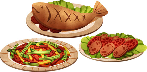 Fried fish, stir-fried beef with bell peppers, and sliced Chinese sausage on a wooden table with a red tablecloth, hand-drawn watercolor painting illustration