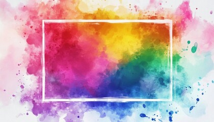 Colorful watercolor background with white frame.