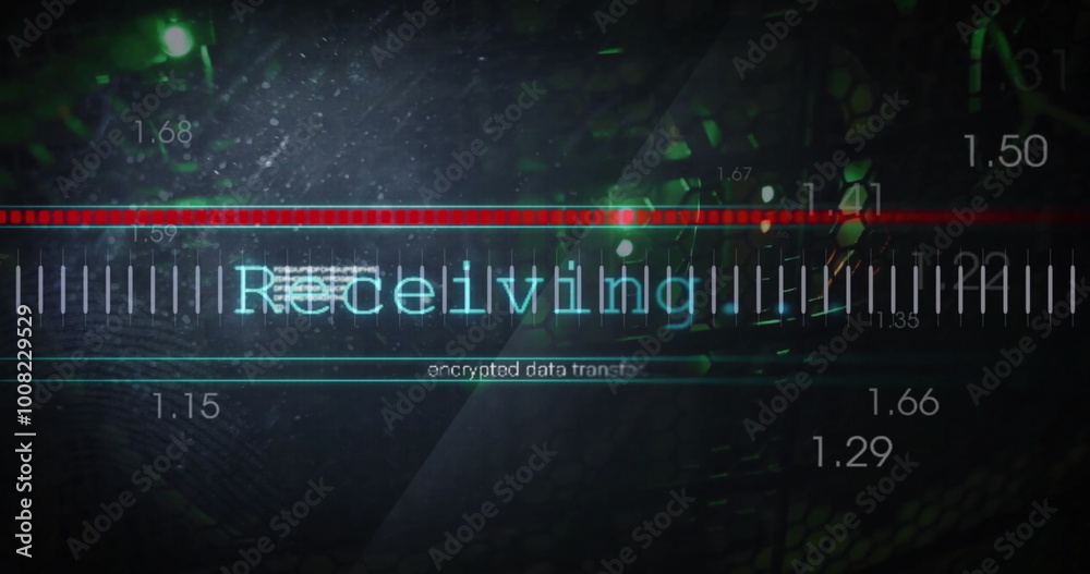 Poster image of receiving, encrypted data text on interface processing over server room