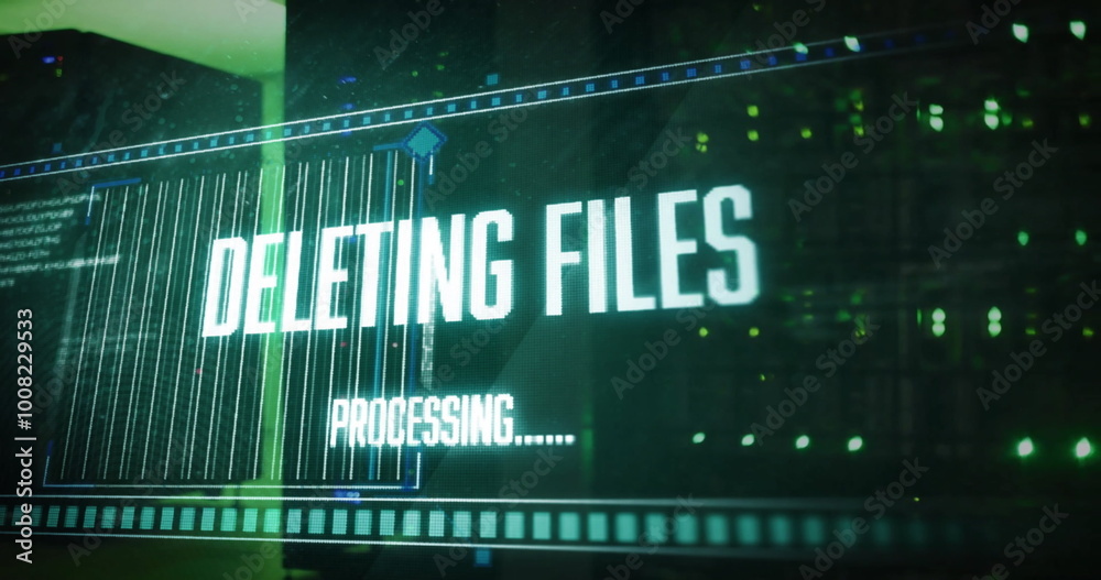 Poster image of deleting files, processing text on interface over computer servers