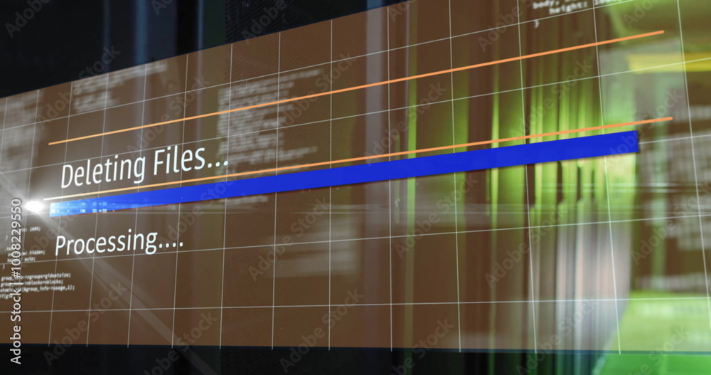Poster image of deleting files, processing text on interface over server room