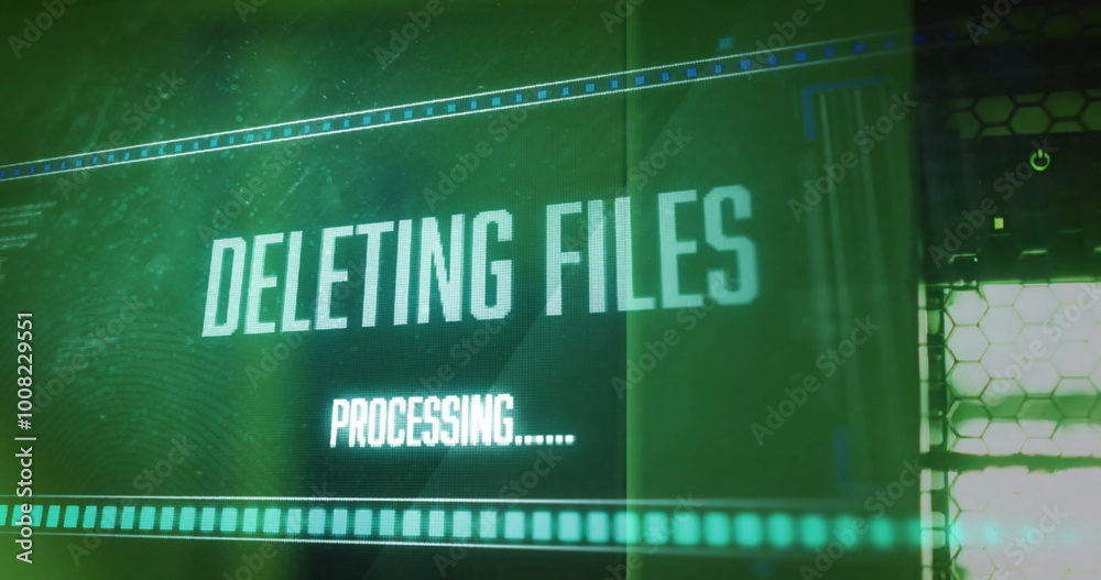 Poster image of deleting files, processing text on interface over computer server