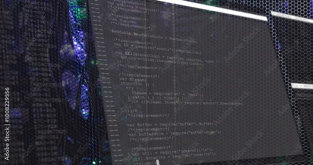 Poster image of data processing on interface over glowing computer servers