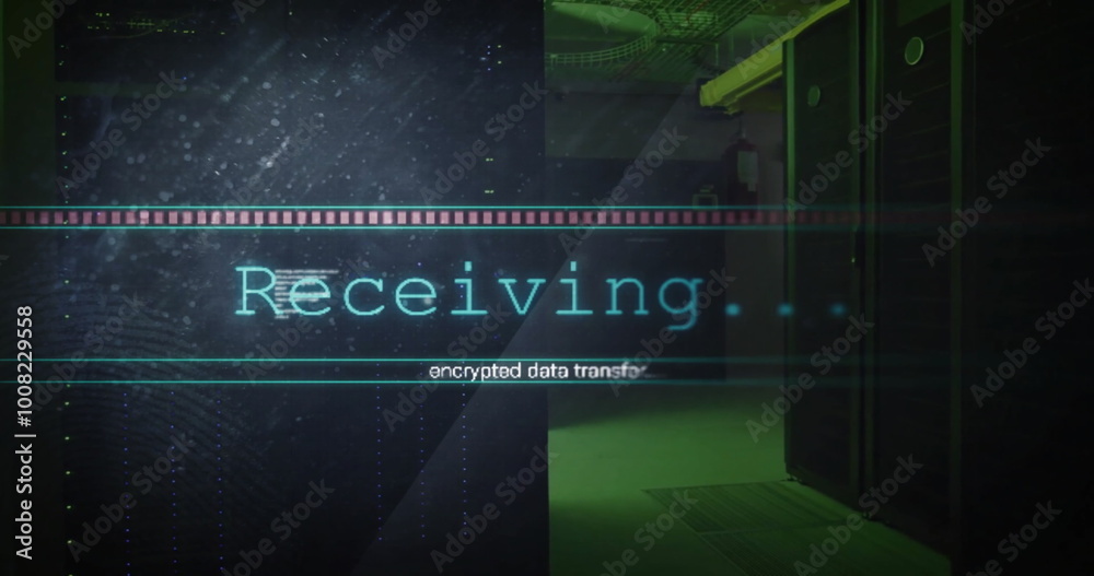 Poster image of receiving, encrypted data text on interface processing over server room