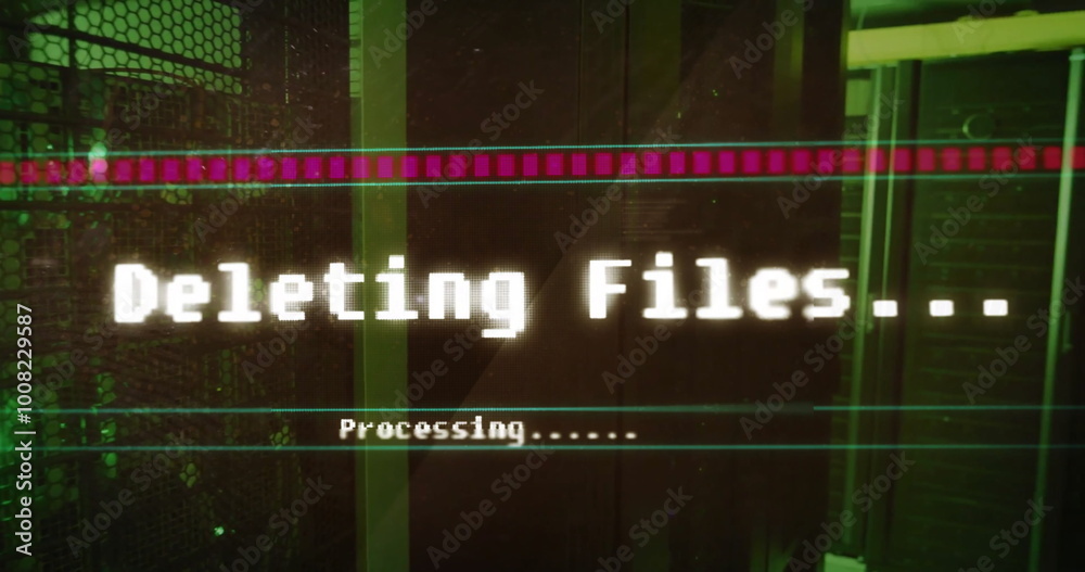 Poster image of deleting files, processing text on interface screen over computer server room